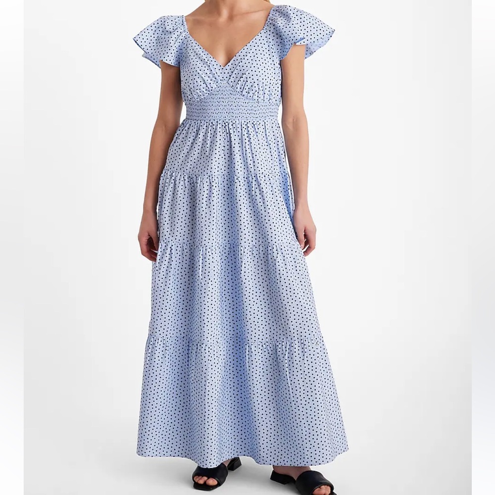 Polka Dot V-Neck Flutter Sleeve Tiered Poplin Maxi Dress